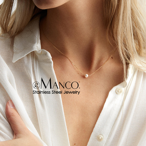 E-Manco-Collar de acero inoxidable con perla de imitación para mujer, colgante, gargantilla con cadena, estilo clásico, simple ► Foto 1/4