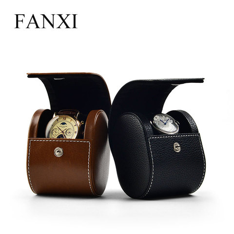 Fanxi-Bolso para reloj de cuero sintético negro, caja para reloj de pulsera con cremallera, joyero portátil de viaje, organizador de reloj de dos capas de cuero vacuno ► Foto 1/6