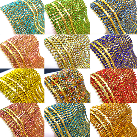 Cadena de diamantes de imitación de cristal de colores SS6, 2mm, 5 yardas por lote, para coser en la base dorada, para manualidades, decoración de bolsas de ropa, ZLG06 ► Foto 1/6