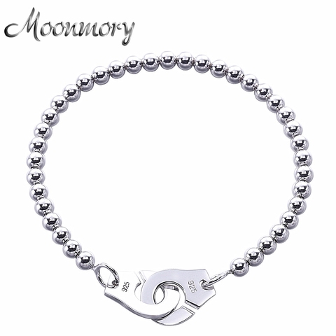 Moonmory-pulsera de esposas de Plata de Ley 925 para mujer, Popular en Francia, muchas cadenas con cuentas de plata, pulsera de esposas para hombre ► Foto 1/6