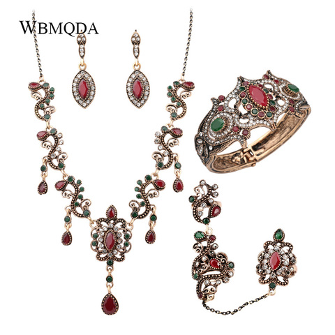 4 unids/lote, conjuntos de joyería turca Vintage rojo collar pulsera pendientes anillo conjunto indio cristal antiguo oro joyería de la boda ► Foto 1/6