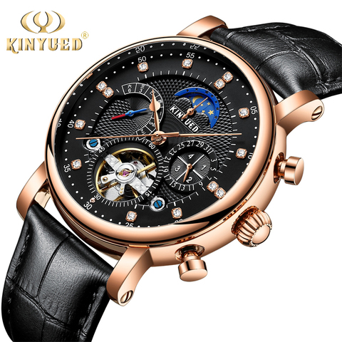 KINYUED 2022 Tourbillon relojes mecánicos hombres marca de lujo de moda del cuero genuino hombre multifuncional reloj automático esquelético ► Foto 1/6