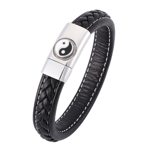 Pulsera de cuero trenzado para hombre, brazalete de estilo chino, Tai Chi Ying Yang, hebilla magnética SP0352 ► Foto 1/6