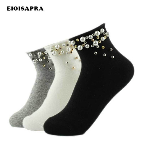 EIOISAPRA-Calcetines tobilleros con perlas doradas y plateadas, Calcetines divertidos hechos a mano con bordes de algodón, para mujer, Harajuku ► Foto 1/6