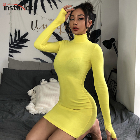 InstaHot cuello alto manga larga Delgado Mini vestido mujer otoño Sexy estilo deportivo vestidos 4 colores ceñido ajustado amarillo Clubwear ► Foto 1/6