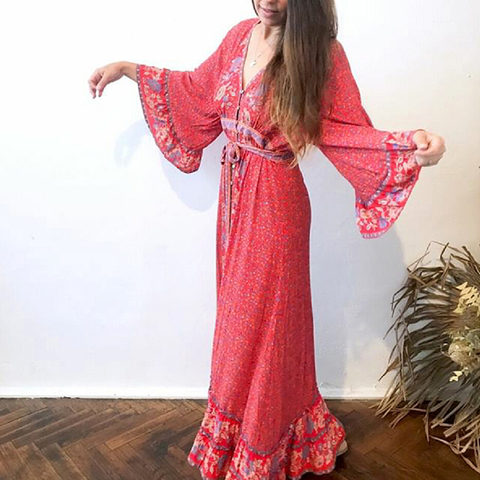 TEELYNN-Vestido largo de verano con estampado floral, traje bohemio con estampado de rayón de color rojo, cuello en V, cinturón ajustable, 2022 ► Foto 1/1