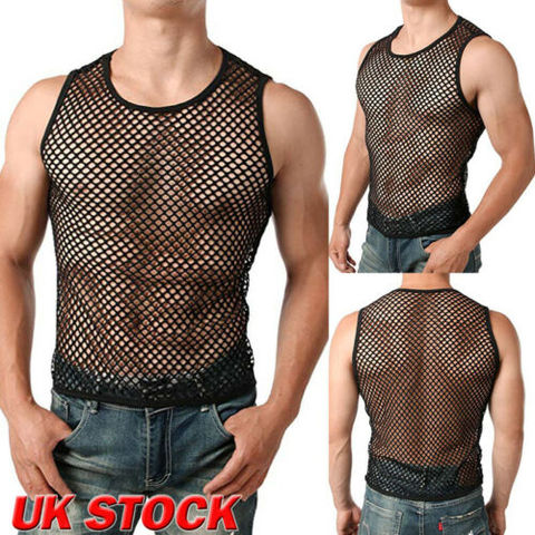 Camisetas de malla para hombre, camisas deportivas de entrenamiento de gimnasia ajustadas, transparente, sexy, sin mangas, musculosa, con red de peces, de club, M-XXL ► Foto 1/6