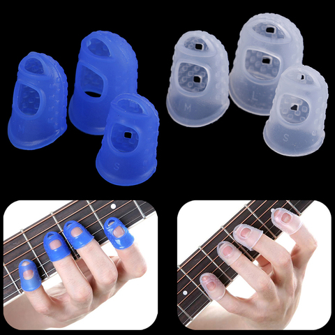 4 unids/set protectores de dedos de silicona para guitarra protectores de dedos para guitarra ukelele S M L Color azul transparente ► Foto 1/6