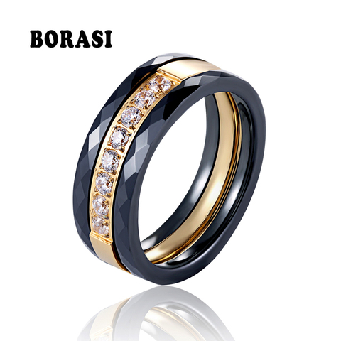 3 anillos de cerámica de acero inoxidable para mujer, tres líneas de boda, joyería de cristal, Negro, Rosa y blanco ► Foto 1/6