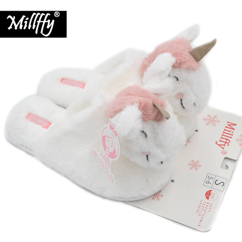 Millffy-Zapatillas adorables de unicornio con cabeza de animal de felpa, conejo de peluche, pantuflas de Interior para el hogar ► Foto 1/6