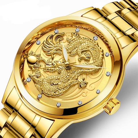 FNGEEN-reloj de cuarzo para hombre, diseño de dragón oro luminoso, color cuarzo, correa de acero ultrafina, nuevo ► Foto 1/1