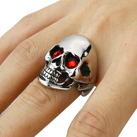 Anillo gótico calavera para hombre, anillo Punk para motorista, ojos rojos/azules, sortija Vintage de acero inoxidable, esqueleto, joyería para hombre ► Foto 1/6