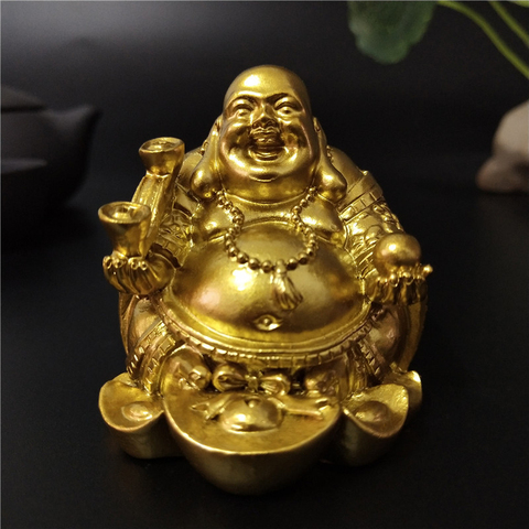 Estatua de Buda sonriente de oro Feng Shui dinero Maitreya Buda escultura figurillas para decoración del jardín del hogar estatuas ► Foto 1/6