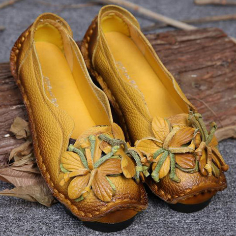 Zapatos hechos a mano con flores para mujer, mocasines informales de fondo plano suave con flores, zapatos estilo Folk de cuero genuino para otoño ► Foto 1/1