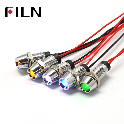 8mm 3 v 6 v 12 v 24 v LED Metal piloto Panel Dash señal Indicador de luz de advertencia 20 cm de cable cromo terminado coche barco marina ► Foto 1/6