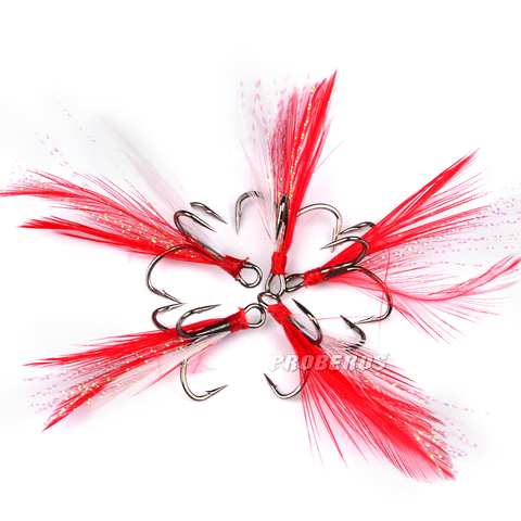Anzuelo de pesca rojo con pluma, aparejo de pesca de acero de alta aleación redondo curvado Triple, anzuelo Artificial, 4 unids/lote ► Foto 1/5