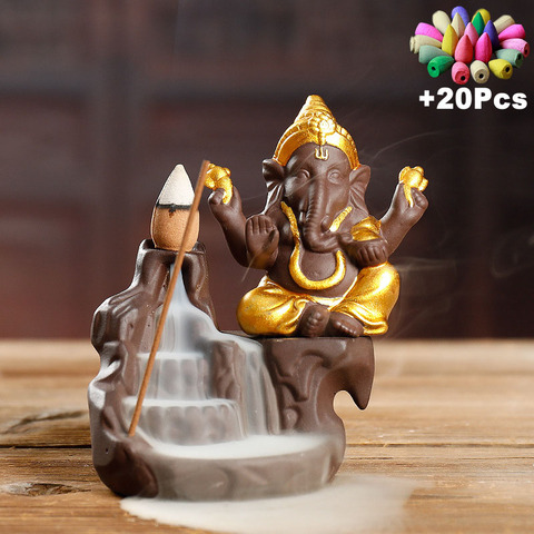 Ganesha-Quemador de incienso de reflujo para decoración del hogar, incensario para Cono de cerámica con emblema de elefante Dios, soporte de palo de incienso ► Foto 1/6