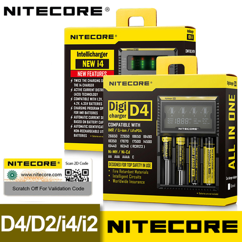 100% Original marca Nitecore cargador de batería D4 D2 I4 I2 inteligente LCD cargador Li-Ion 18650, 14500, 16340, 26650 AAA AA 12 V ► Foto 1/6