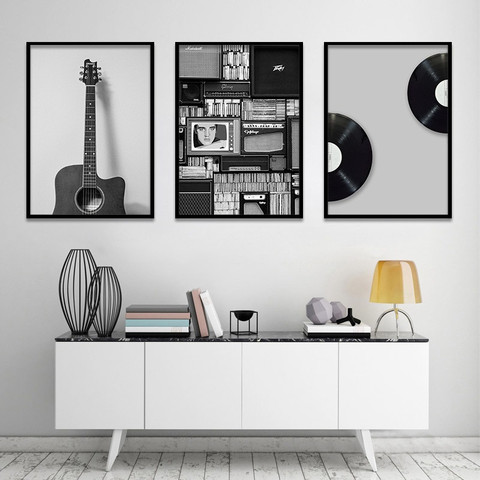 Pintura de lona nórdica Vintage para decoración de pared del hogar Decoración de pared Retro, guitarra blanca y negra, cuadro para el salón, arte minimalista ► Foto 1/6
