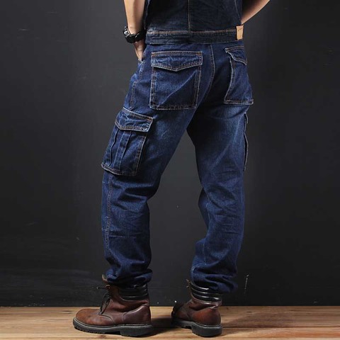 Pantalones vaqueros de mezclilla de Bolsillo grande para hombre Pantalones de carga casuales estilo militar holgados pantalones de algodón de talla grande ropa de hombre ► Foto 1/6