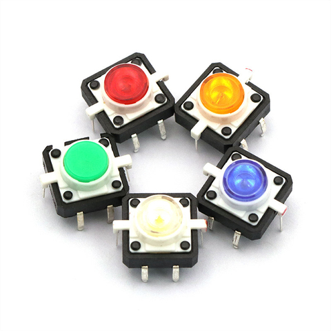 Botón para Interruptor táctil iluminado, interruptor de 12x12, rojo, blanco, azul, amarillo, verde, LED, 3V, 4 pines, reinicio, 12x12x7,3mm, 5 uds. ► Foto 1/1