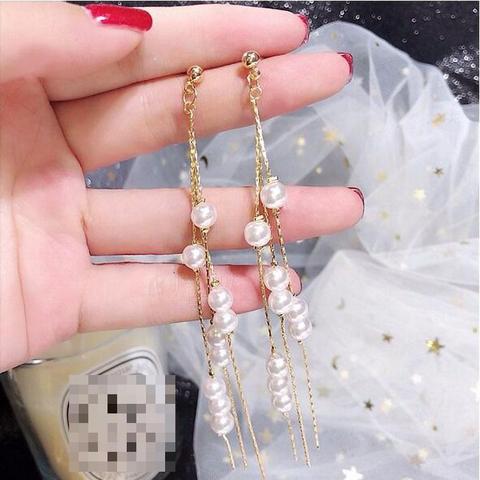 Pendientes de plata de aguja coreana para mujer, aretes largos con borla de perlas de imitación para mujer, aretes lujosos de cristal 2022 ► Foto 1/5