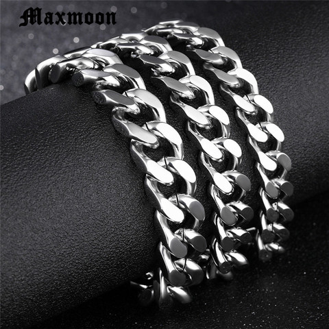 Maxmoon-pulsera de acero inoxidable pulido para hombre, brazalete con cadena, Color plateado, negro, dorado, Eslabón cubano, 3/4/6/71mm ► Foto 1/6