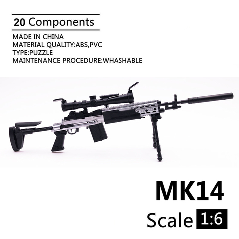 Rifle de francotirador MK14, modelo de pistola de montaje de plástico recubierto negro, accesorios militares para figura de acción de 12 
