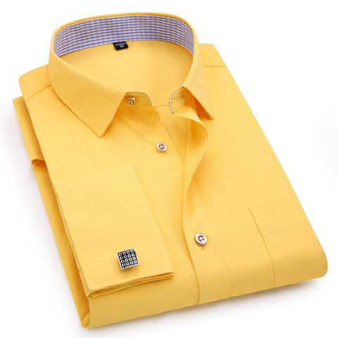 Hombres gemelos franceses camisas de manga larga negro blanco azul amarillo solapa hombre vestido de negocios camisa Fit boda fiesta hombres Clothin ► Foto 1/6