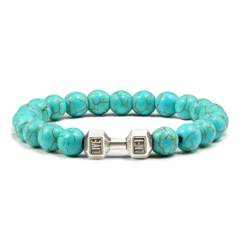 Pulseras con mancuernas de Buda para hombre y mujer, pulseras con cuentas de turquesas y piedra Natural, color verde y azul, elásticas, para Fitness y Deporte ► Foto 1/1