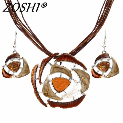 ZOSHI-Conjunto de joyería de cristal para mujer, cadena de cuero con colgante, collar, pendientes de gota, conjuntos de joyería nupcial para boda, regalo bohemio ► Foto 1/6