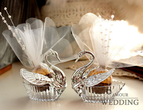 Cajas de recuerdo de boda de cisne, 12 unidades, regalo creativo, Cajas de caramelos con gasa + pera decorativa ► Foto 1/5