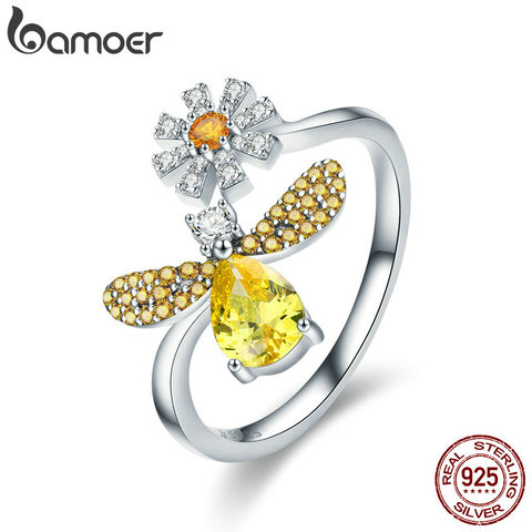 BAMOER 100% auténtico Plata de Ley 925 abeja de moda con Margarita flor anillo de dedo de tamaño abierto para mujeres joyería de fiesta SCR348 ► Foto 1/4