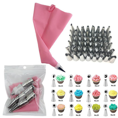 50 unids/set bolso de hojaldre de silicona cocina DIY glaseado de crema bolsa de pastelería reutilizable con 48 boquilla consejos conjunto de herramientas de Decoración de Pastel ► Foto 1/6