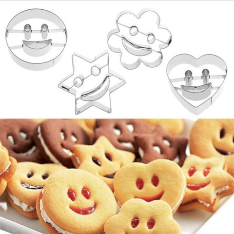 4 piezas smiley de acero inoxidable cortador de galleta bizcocho molde Fondant molde pastel molde herramientas para hornear Galleta de azúcar molde ► Foto 1/6