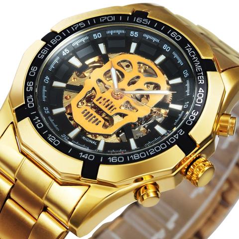 WINNER-reloj de oro automático oficial para hombre, correa de acero, Esqueleto, Calavera mecánica, relojes de lujo, venta al por mayor ► Foto 1/6