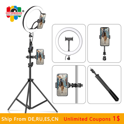 Anillo de luz LED con trípode, accesorio fotográfico de iluminación regulable de 26cm/10 pulgadas con soporte para móvil y cámara, perfecto para selfis y vídeos de maquillaje ► Foto 1/6