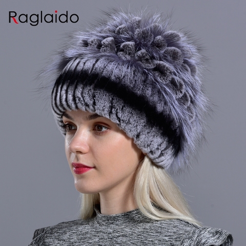 Sombreros de piel natural para mujer, gorros tejidos a mano de conejo rex, piel auténtica, cálido estilo floral, gorro elegante a la moda para niña ► Foto 1/5