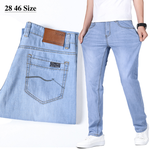 Pantalones vaqueros de talla grande para hombre, Jeans clásicos ajustados a la moda, de negocios, pantalones informales rectos en negro y azul claro, 40, 42, 44, 46 ► Foto 1/6