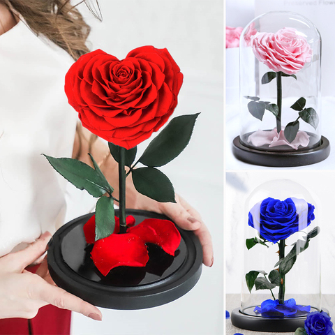 Rosa en forma de corazón preservada de La Bella y La Bestia, Rosa eterna en cúpula de cristal, flores artificiales de boda, San Valentín, regalo de Navidad ► Foto 1/6