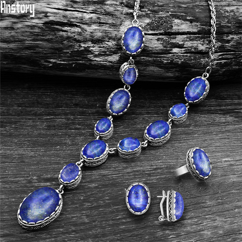 Vintage Natural Lapis Lazuli collar anillo pendiente de joyería de chapado en plata antigua de cuarzo piedra unakita de conjunto ► Foto 1/6