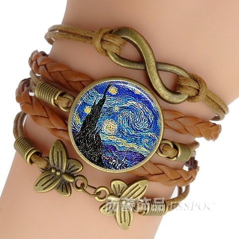 Van Gogh-pulsera de cuero marrón para hombre y mujer, joyería artística de noche estrellada, brazalete de cadena de cabujón de cristal a la moda ► Foto 1/6