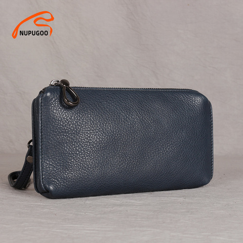 NUPUGOO-Bolso de mano informal de cuero genuino para hombre, cartera pequeña para teléfono, monedero, tarjetero, negocios, azul ► Foto 1/6