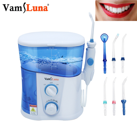 Irrigador Dental de agua con 7 puntas de chorro multifuncionales para la familia, irrigador bucal con abrazadera de dientes, 1000ml ► Foto 1/6