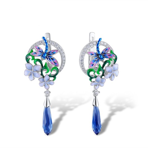 Pendientes colgantes elegantes de libélula, joyería de fiesta con diseño de flor esmaltada, exquisita ► Foto 1/4