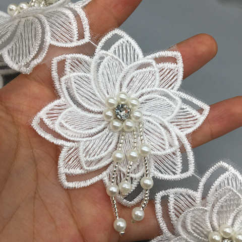 10 Uds Blanco Perla Rosa flor bordado de cinta para ajuste, cordón tela de costura artesanal para traje decoración de vestido de novia 7,5 CM ► Foto 1/6