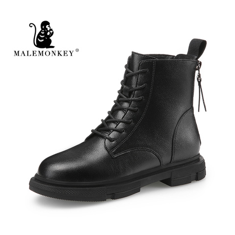 Invierno Botas de cuero de las mujeres 2022 de plataforma de moda de señoras corto tobillo Botas Mujer motocicleta Botas Martin Boots Mujer negro ► Foto 1/6