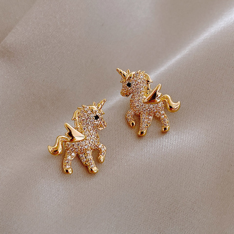 Pendientes de unicornio con tuerca para mujer, aretes de circonia cúbica de oro con diseño de Hada de los animales, joyería para fiesta de cumpleaños ► Foto 1/5