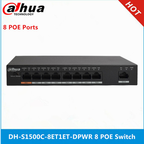 Dahua-interruptor de alimentación Ethernet PoE DH-S1500C-8ET1ET-DPWR, dispositivo de 8 canales, compatible con 802.3af 802.3at POE + estándar de suministro de alta alimentador POE ► Foto 1/6