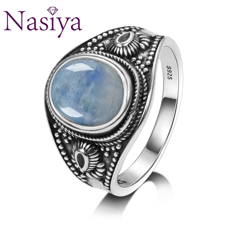 Nasiya-Anillo de plata de primera ley con piedra lunar para hombre y mujer, sortija, plata esterlina 925, aniversario, compromiso ► Foto 1/6
